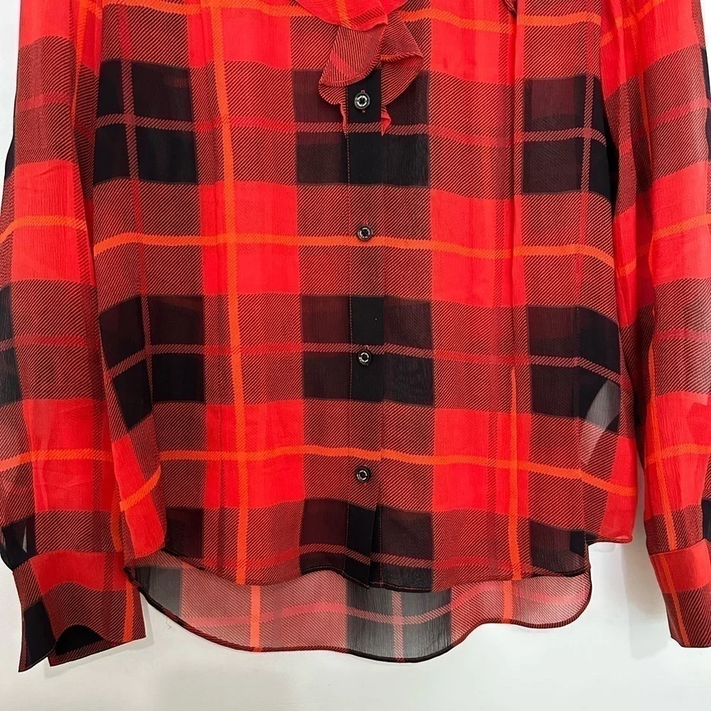Kate Spade Red Plaid Semi Sheer Silk Ruffle Shirt size 2